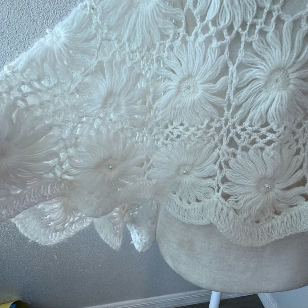 Handmade Crochet Cream Shawl Large Floral Pattern Pearl Detail Handmade